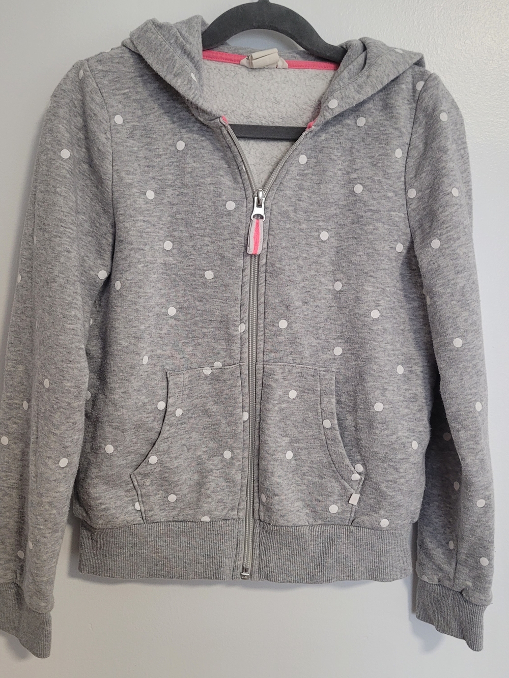 🧸2/20$ H&M Gray Polka Dot Zip-Up Hoodie with Pink Trim Size 8 Girl